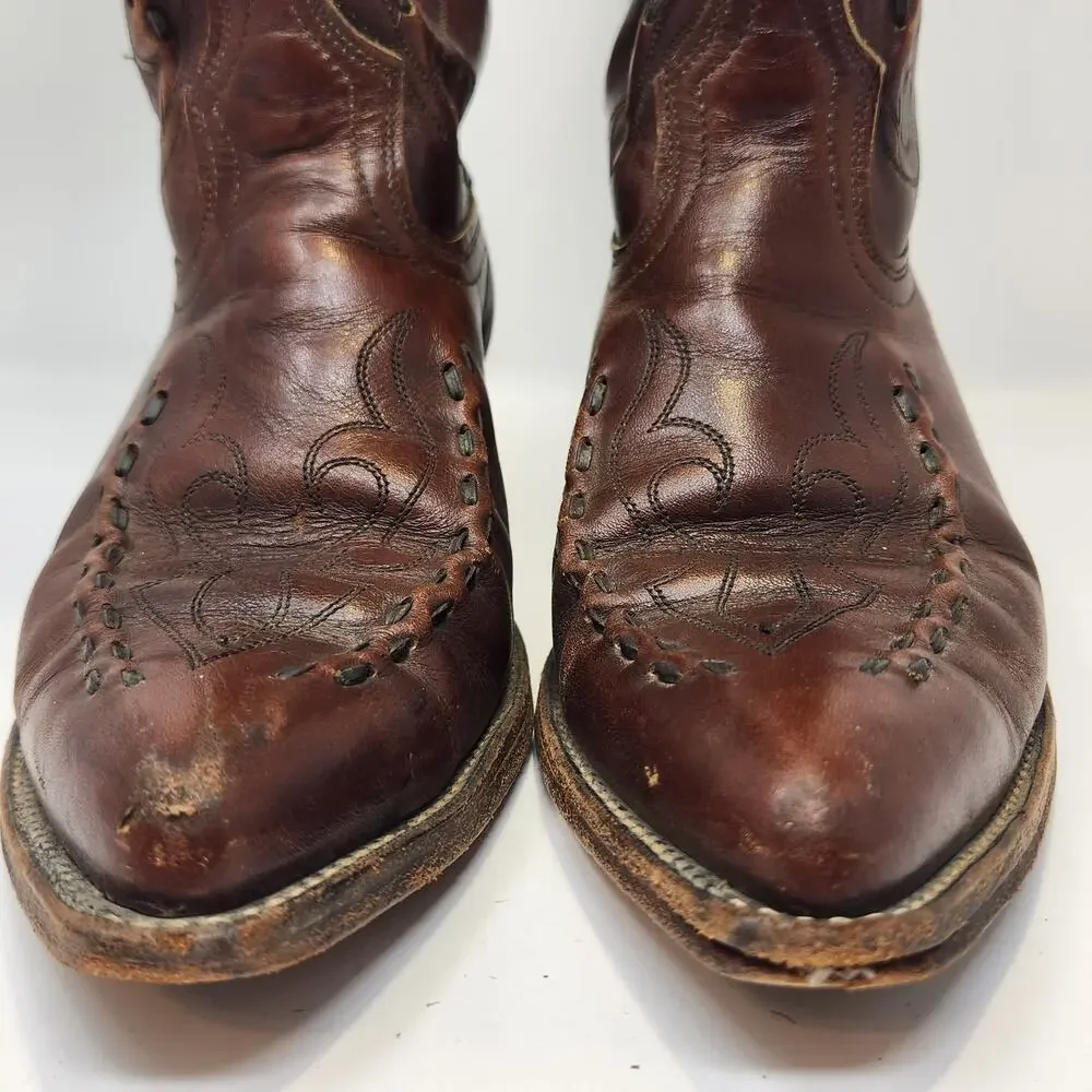Acme Vintage Brown Leather Western Cowboy Boots Men Size 9 D Raised Stitching